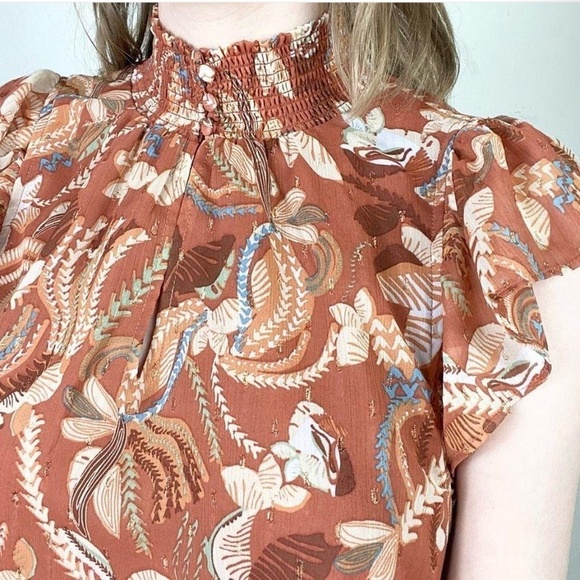 Revolve x Joie Blouse Rust Orange Metallic Floral High Neck Flounce shoulder XS - Picture 2 of 13